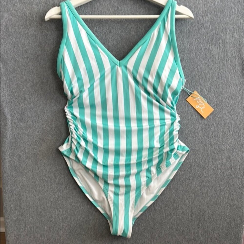 Kona Sol Swim Striped One-Piece Swimsuit 14W Aqua/White